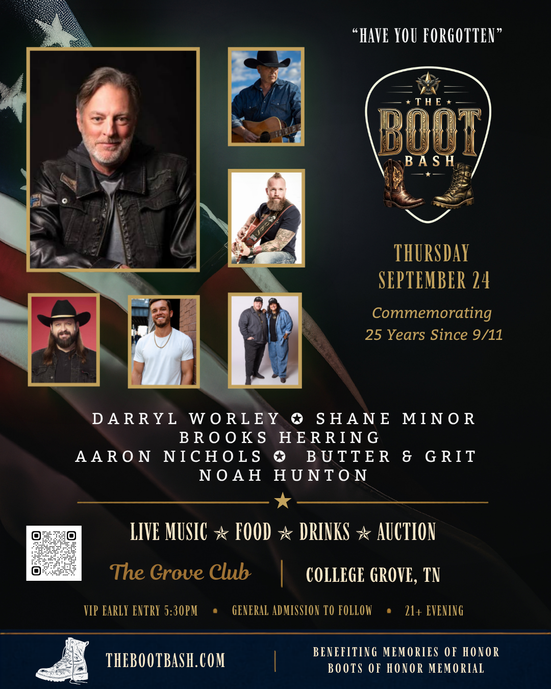 The Boot Bash flyer: Thursday, September 24, 2026, commemorating 25 years since 9/11, benefiting the Boots of Honor Memorial and the Music Remembers Project